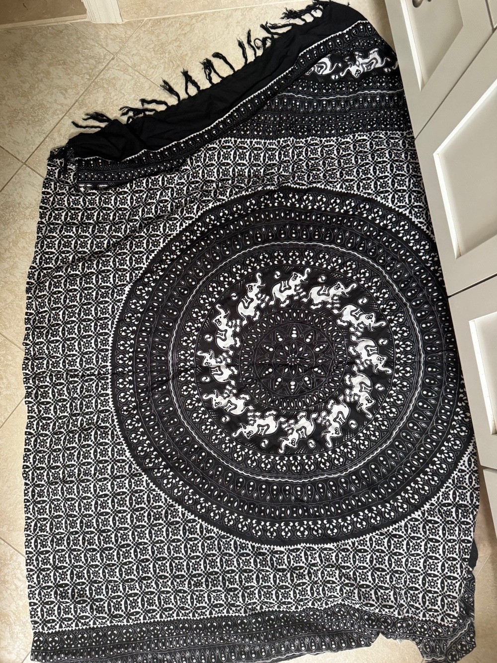 Black and white elephant tapestry mandala or beach blanket with fringe